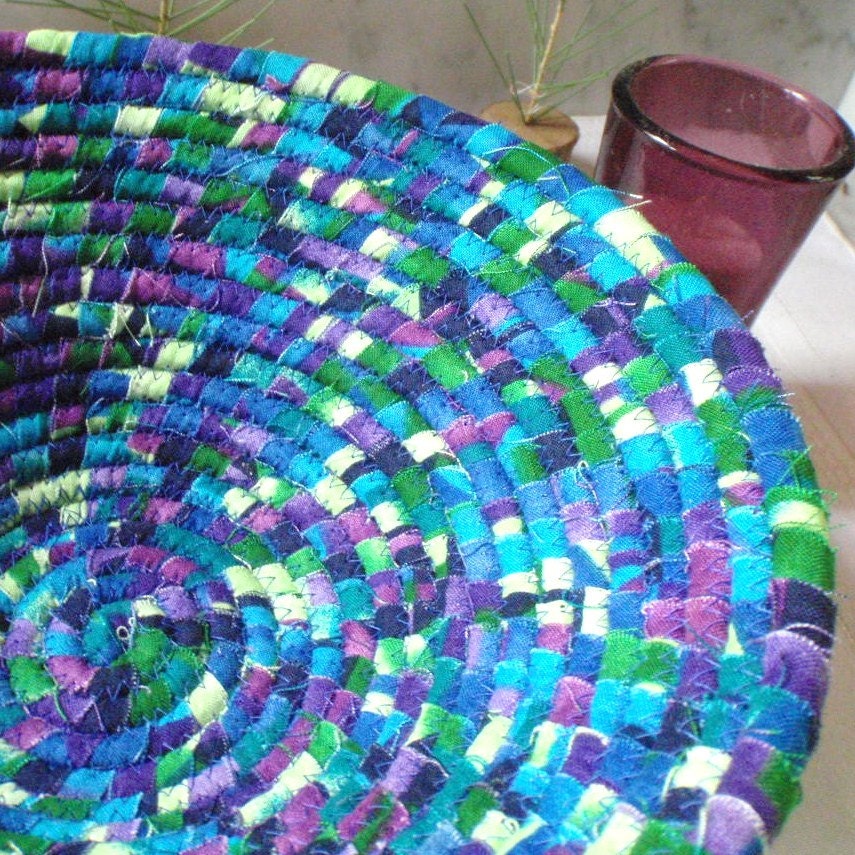 Coiled Fabric Basket - Intuition - Royal Blue, Grape, Bright Lime Green, Catchall, Handmade, Colorful