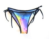 The Original "Splash Dyed" Hand PAINTED Low Cut Side Tie Bikini Swimsuit Bottoms in White Spectrum Rainbow with Black Binding - S M L