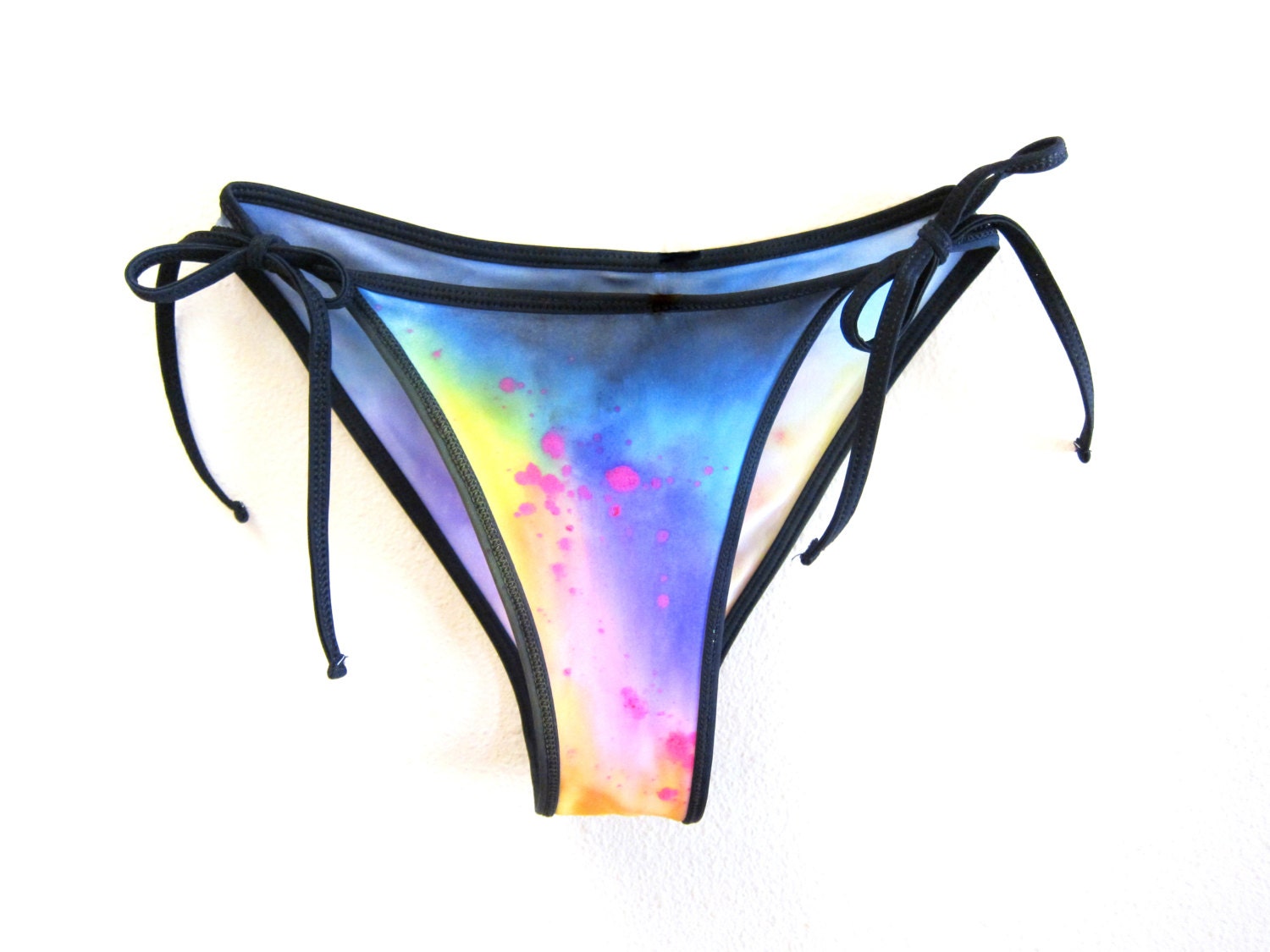 The Original "Splash Dyed" Hand PAINTED Low Cut Side Tie Bikini Swimsuit Bottoms in White Spectrum Rainbow with Black Binding - S M L