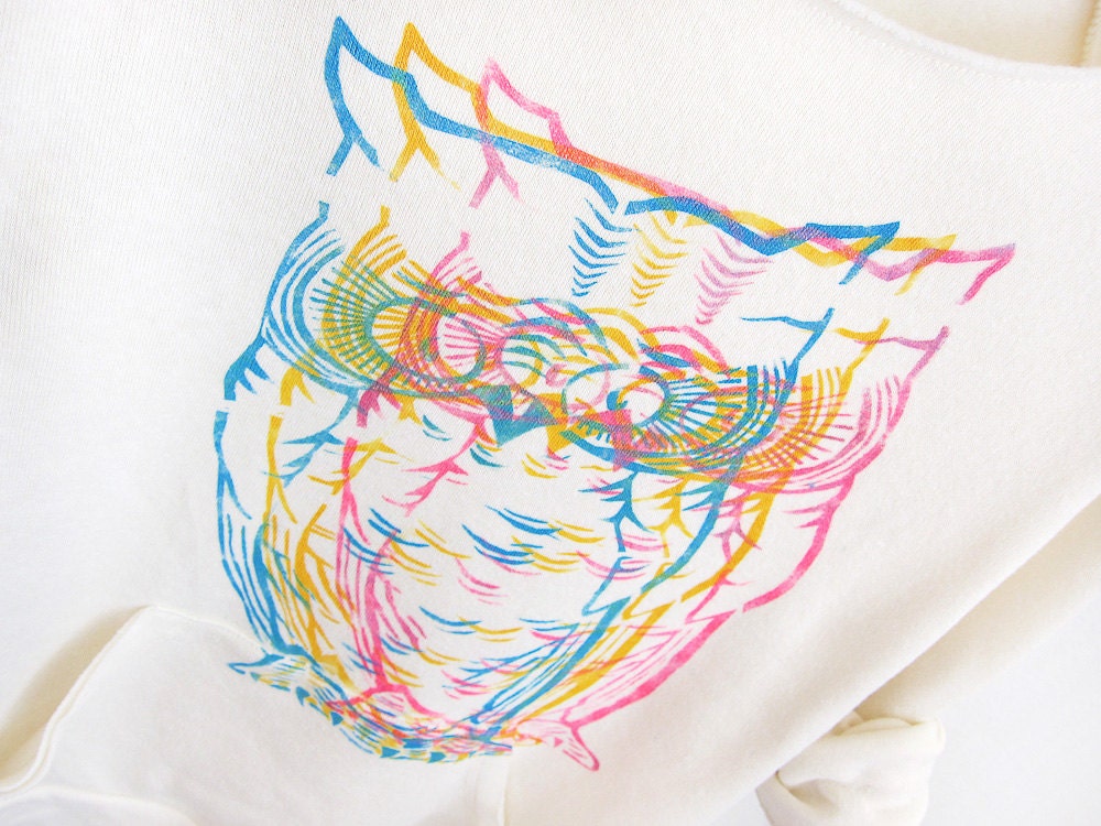 CMYK Owls Hand STENCILED Deep Scoop Neck Heather Sweatshirt in Heather Cream - S M L XL