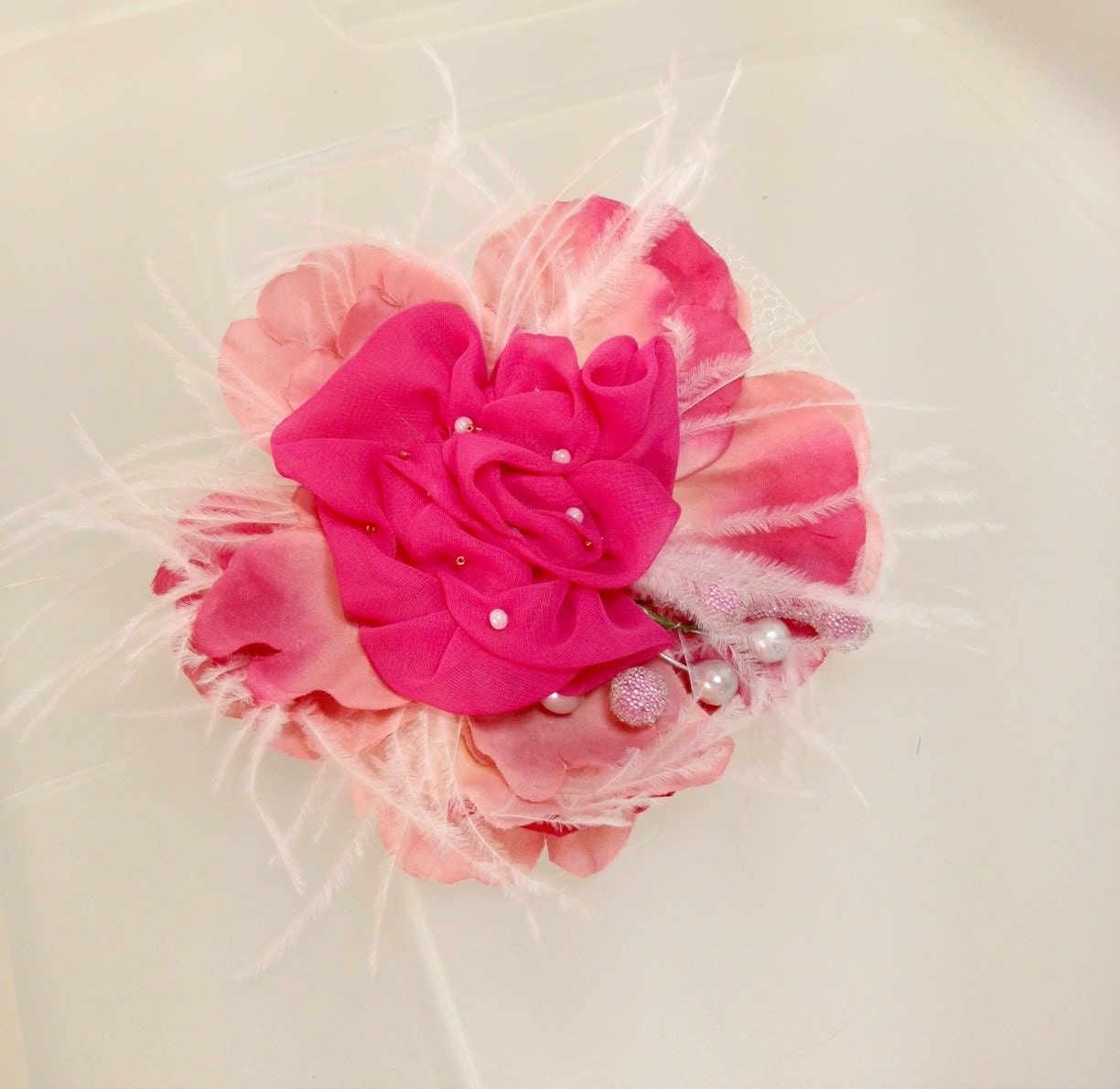 Fascinator , Hair Accessory, Headpiece Pink Flowers and Feathers Special Occasions, Weddings