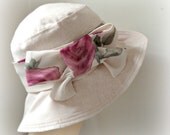 Flapper Style Cloche with Large Brim, Beige Linen, Spring Summer, Floral Band and Bow.