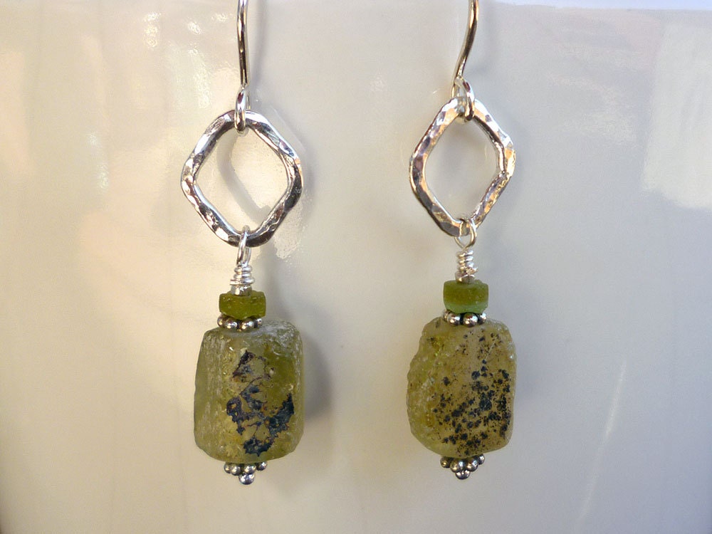 Ancient Roman Olive Green Glass and Fine Silver Dangly Earrings.