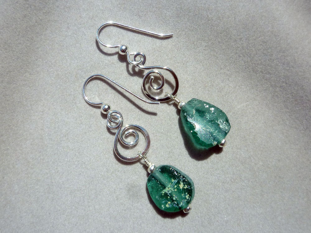 Ancient Roman Glass and Sterling Silver Teal Earrings