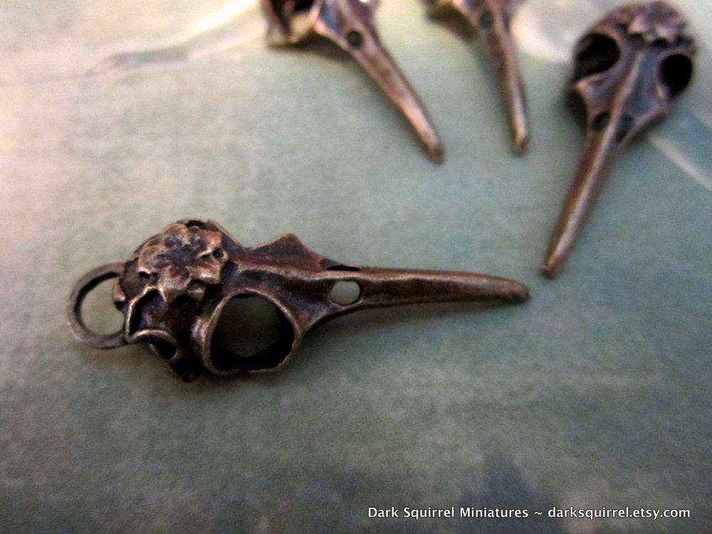 4 pc 3D Bird Skull Pendant 38mm X 13mm Antique Bronze