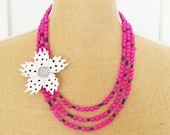 Polka Dot Statement Necklace Vintage Black and White Enamel Polka Dot Flower Asymmetrical Fuchsia Dyed Jade Beaded Statement Necklace OOAK