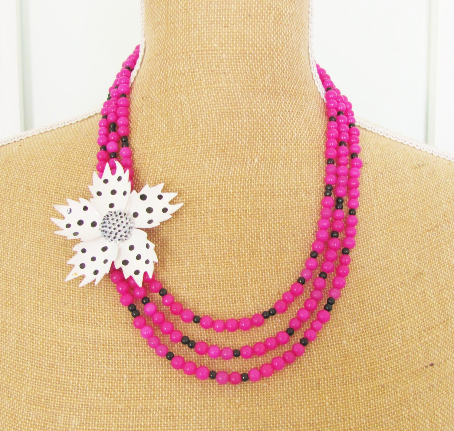 Polka Dot Statement Necklace Vintage Black and White Enamel Polka Dot Flower Asymmetrical Fuchsia Dyed Jade Beaded Statement Necklace OOAK