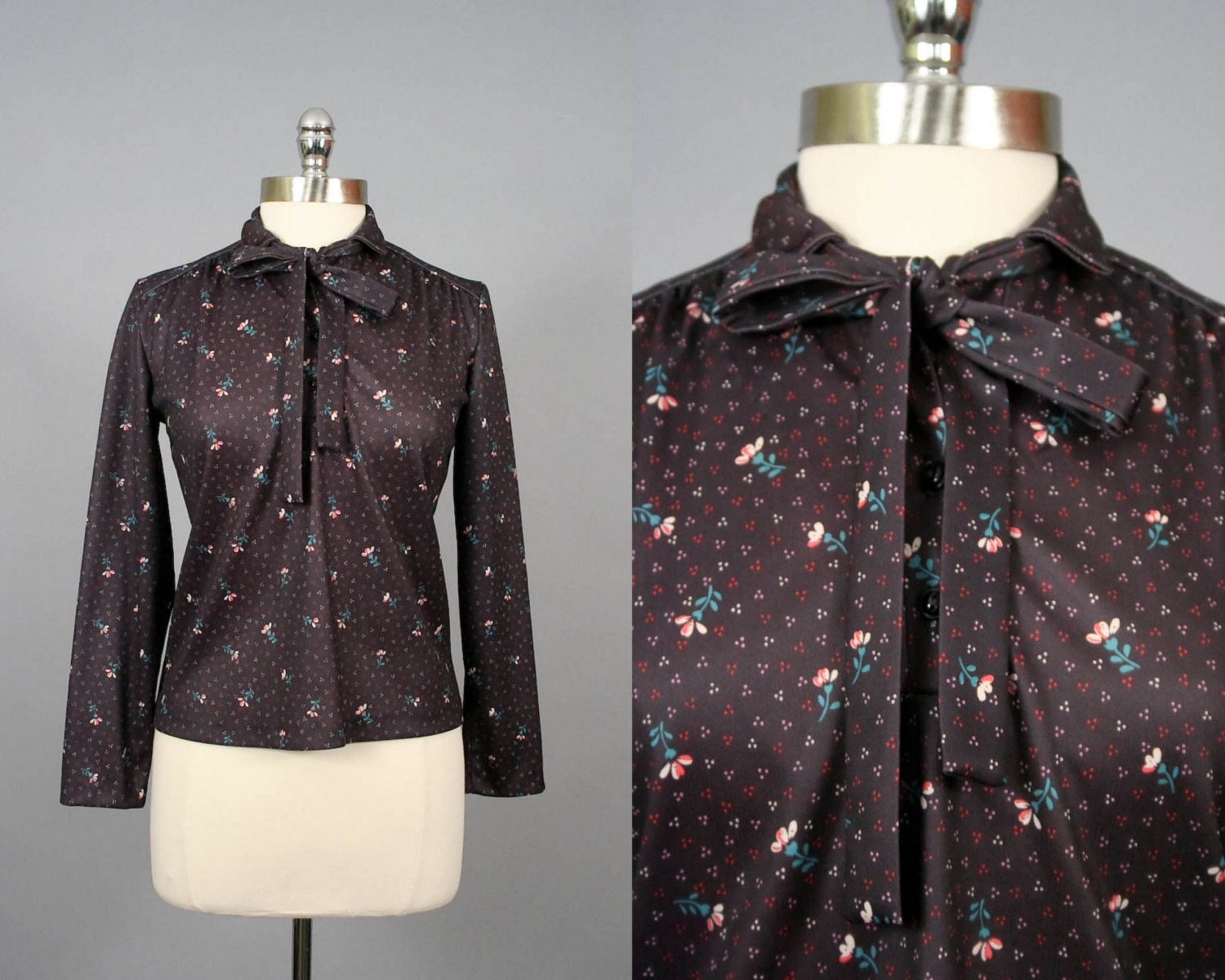 Vintage Kitten Bowtie Blouse Tiny Flower Print Top (M -L)