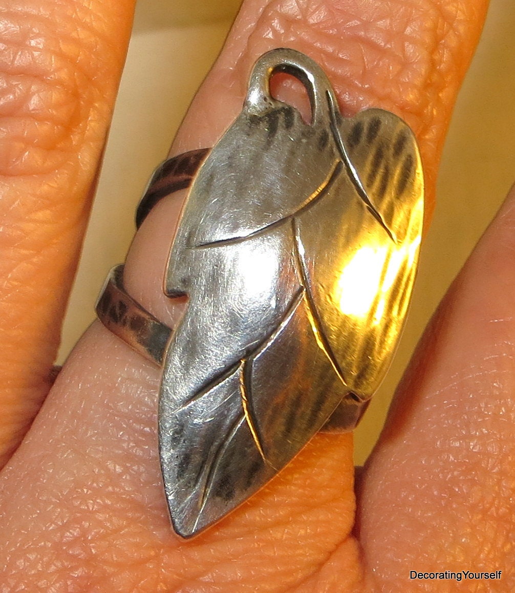 Arts and Crafts Hammered Leaf Ring Size 9 Sterling Silver