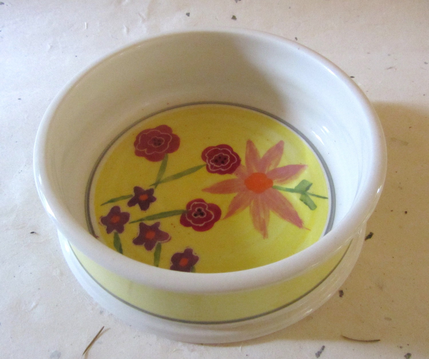 Ceramic dog bowl - flowers - medium - Ready to Ship