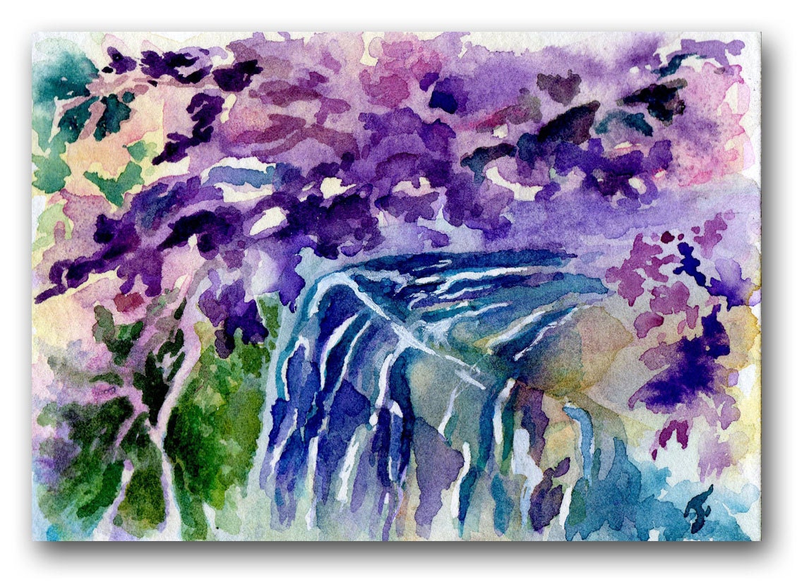 ACEO original watercolor, Arizona, blue, purple, green, By the Water  FREE shipping U.S.A.
