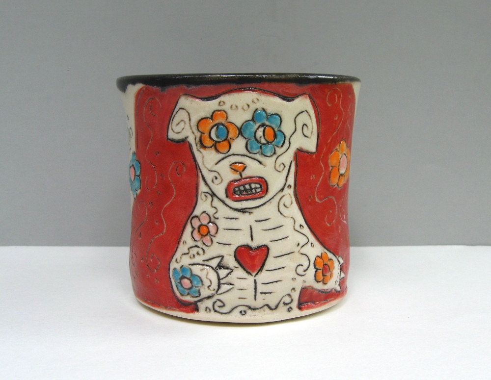 Sugar Skull Dog Mug, Small Coffee Cup, Red, Colorful