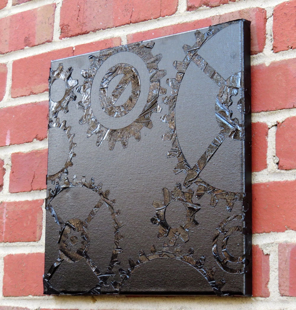 SALE - Tone on Tone Modern Black Gears / Steampunk Textured Print - 12x12 Square - Canvas Reproduction