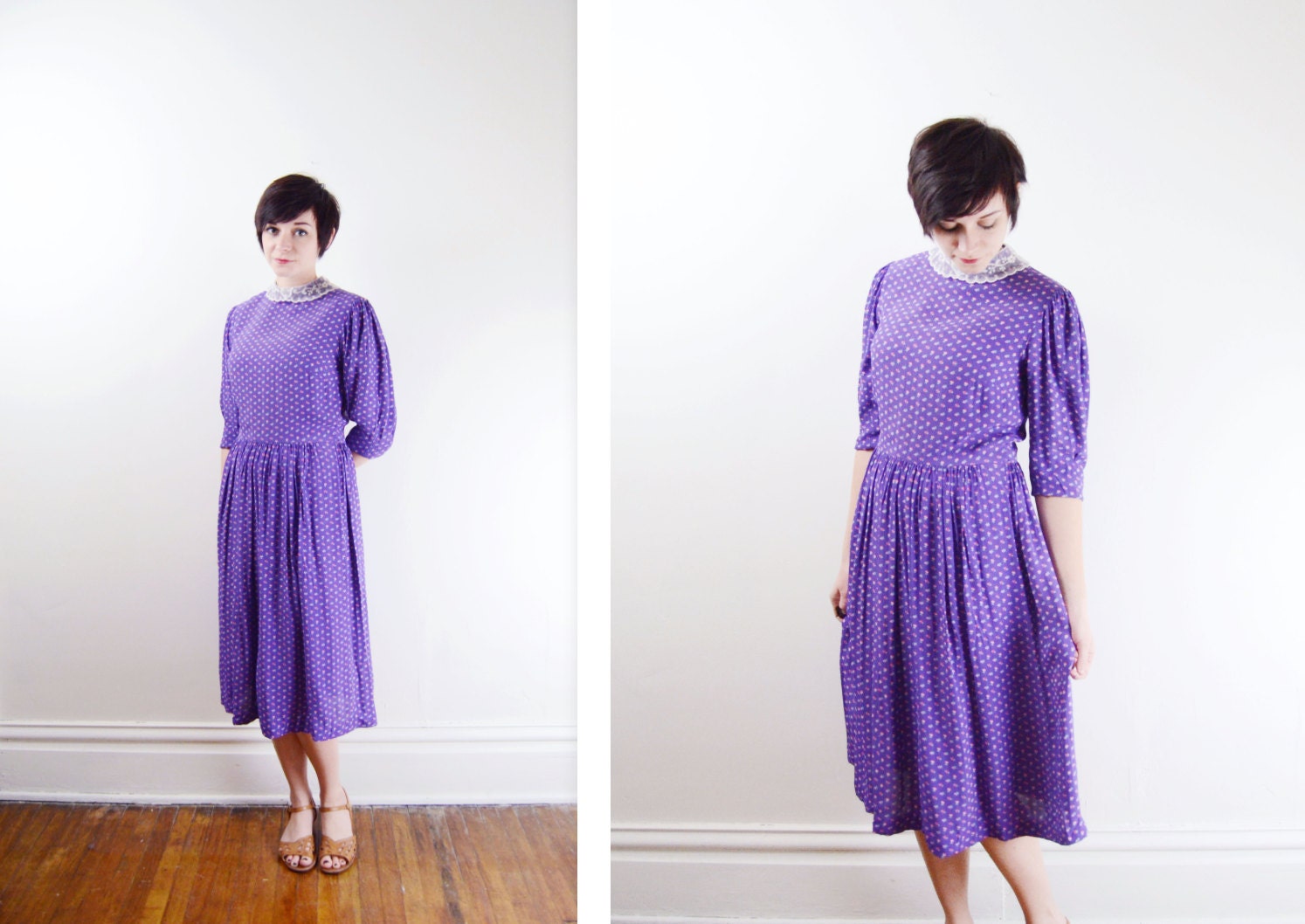 Purple Floral Dress with lace Collar - S/M