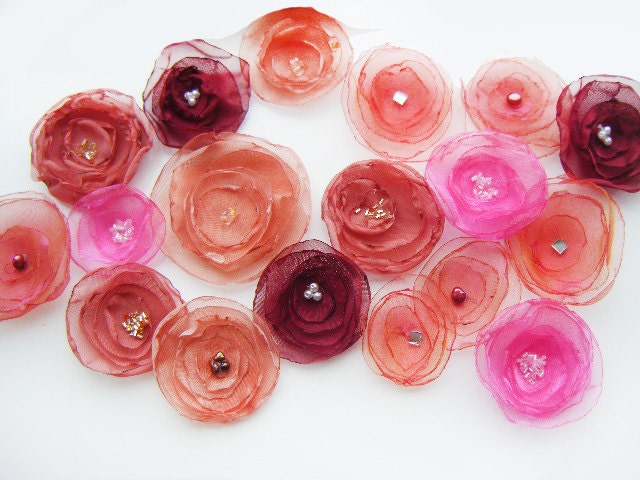 Orange and pink autumn mix silk organza fabric flower applique decoration flowers x 10 sew on, glue on