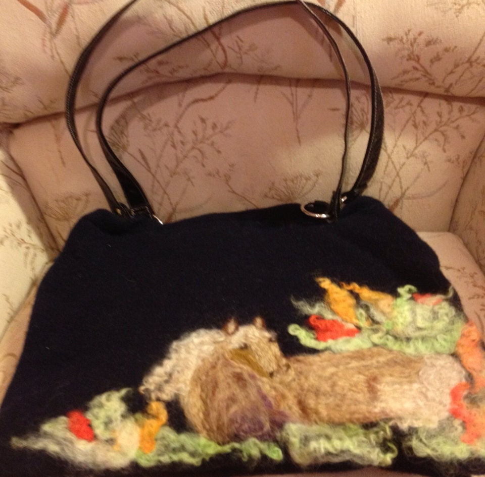 Navy Felted Wool Purse with Palomino