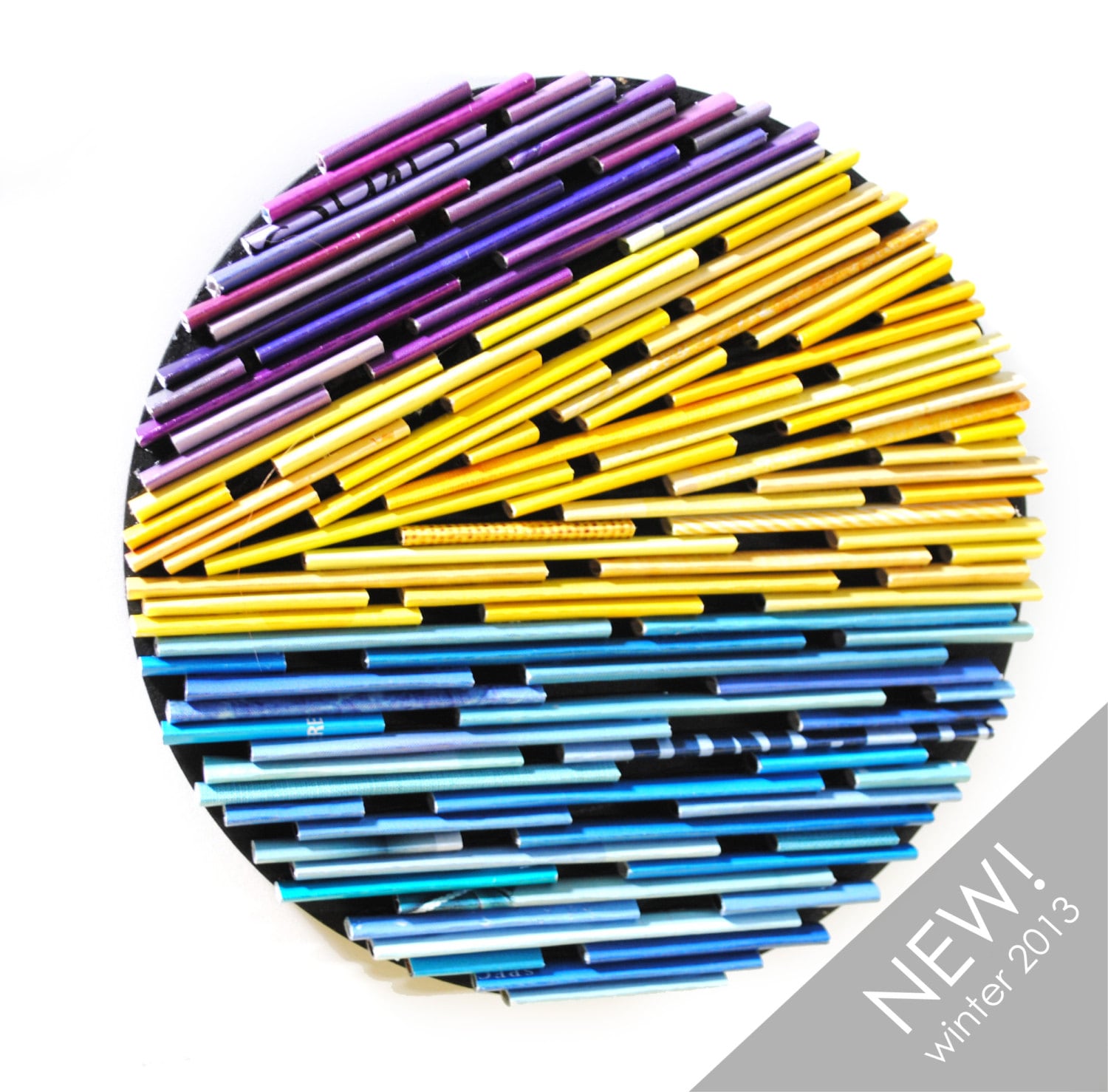 bold and colorful round wall art- made from recycled magazines, colorful, unique 6 inch circle, bright colors