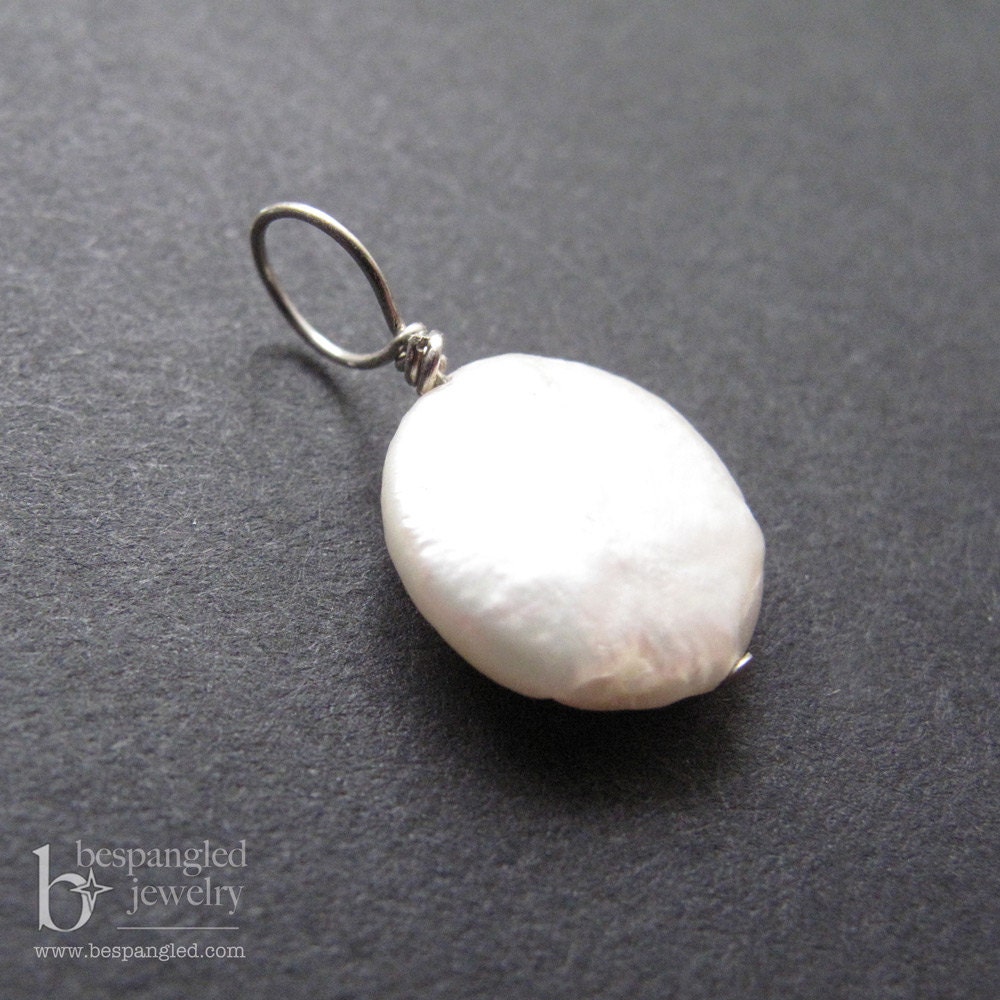 White Cultured Coin Pearl Sterling Silver Wirewrapped Stone Charm Drop (1 Piece)