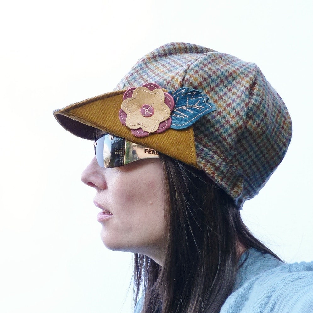 Tweed Newsboy Hat  with Leather flower- womens hat, womens cap