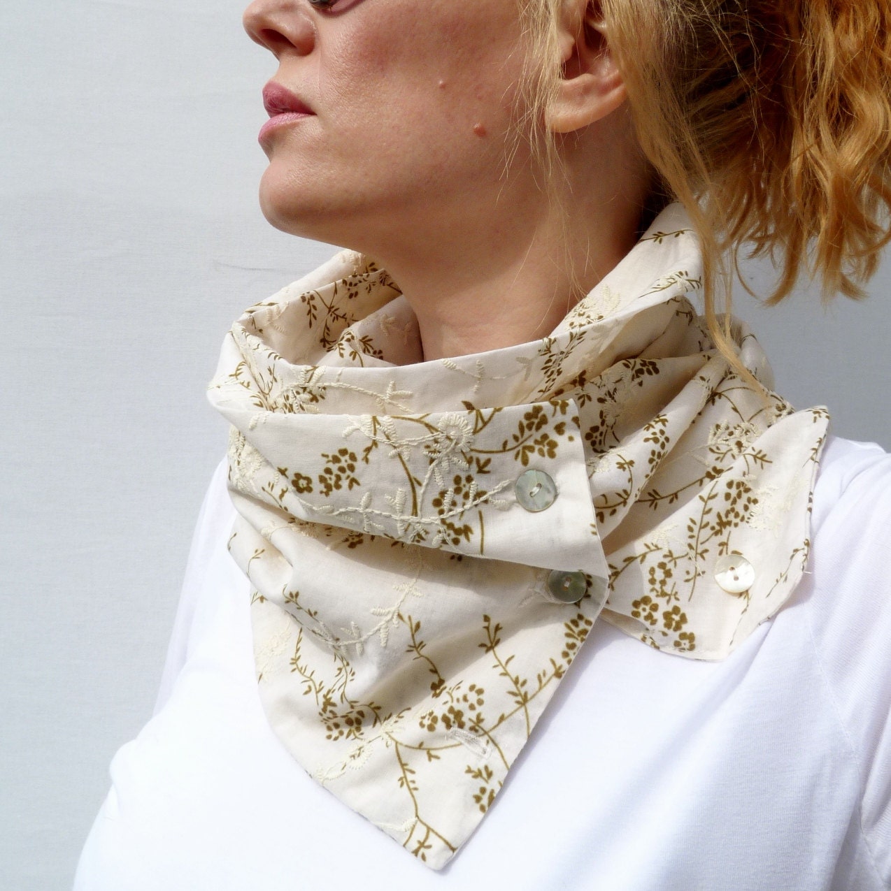 Womens Infinity Scarf, White Broderie Anglaise with Print Infinity Scarf, Oversized Cowl, Spring Scarf