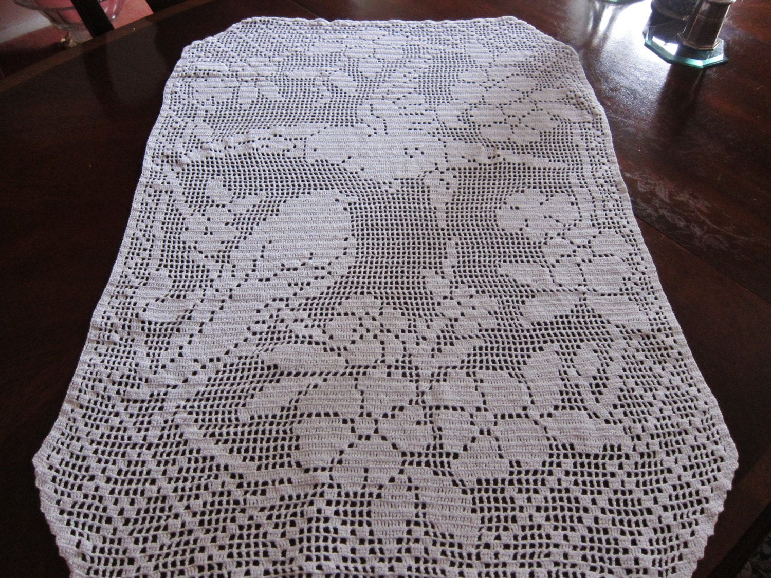 Love birds , hand crocheted lace , table topper , wall hanging , curtain , 1940s