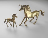 Unicorn Horse Brass Metal figurines, mare foal statues fantasy SET OF 2