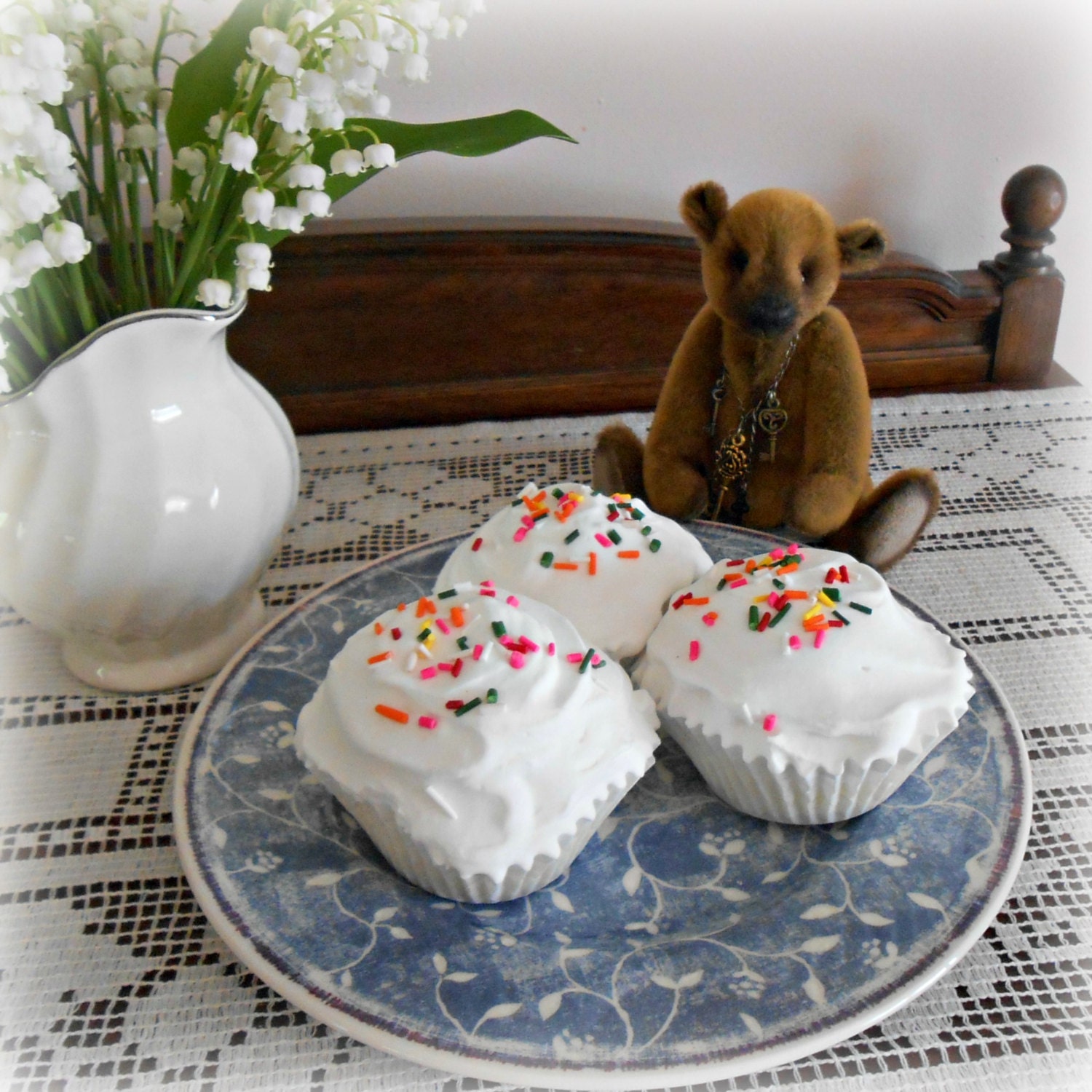 3 Faux Cupcakes White Frosting Rainbow Sprinkles Fake Food Photo Staging Prop