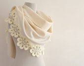 Fleece Scarf Shawl Wedding Shawl Bridal Scarf Wrap Stole with Crocheted Flower Motifs Ivory Cream Bridal Accessories