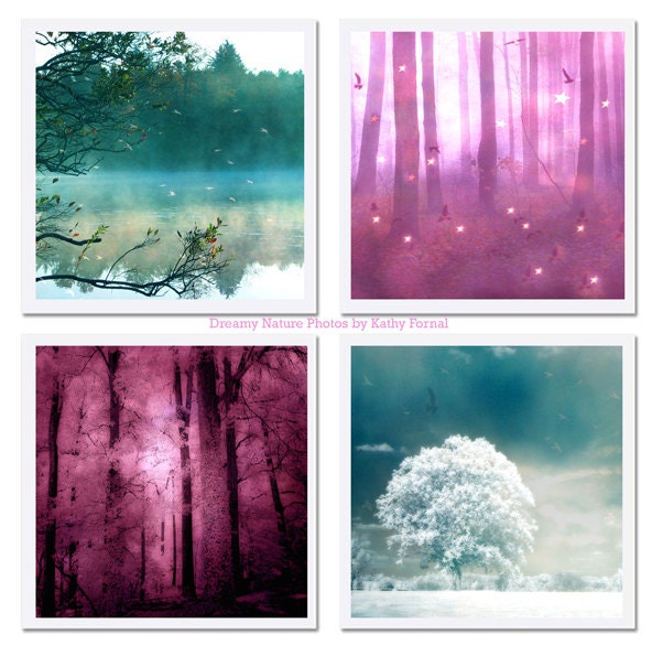 Nature Photos 5" x 5"- Dreamy Aqua Teal Pink, Sparkling Twinkle Lights Trees, Set of Four Fantasy Nature Photos Wall Art 5" x 5"