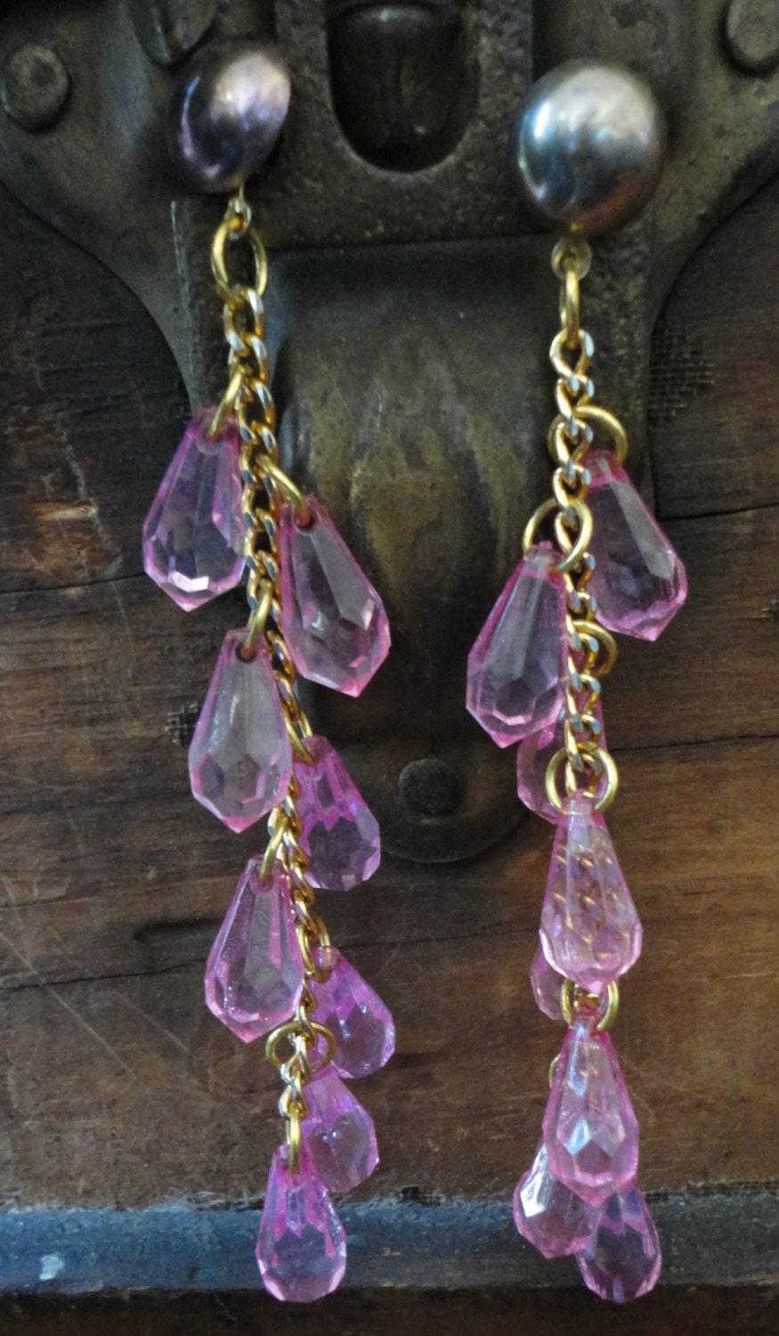 Long Dangle Gold and Pink Chain Earrings