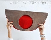 Red circle bag, red grey handbag, large leather tote, rounded large clutch, double color bag