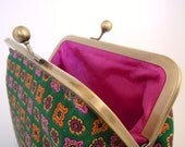 Preppy Green and Raspberry Pink Cosmetics Make up Bag Small Clutch
