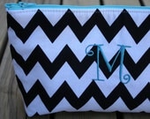 Large Black and White Chevron with Turqoise Momogrammed Make Up Bag With Lime Green