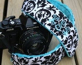 Monograming available Camera Strap for DSL Camera White and Black Damask  Print with minky dot reverse