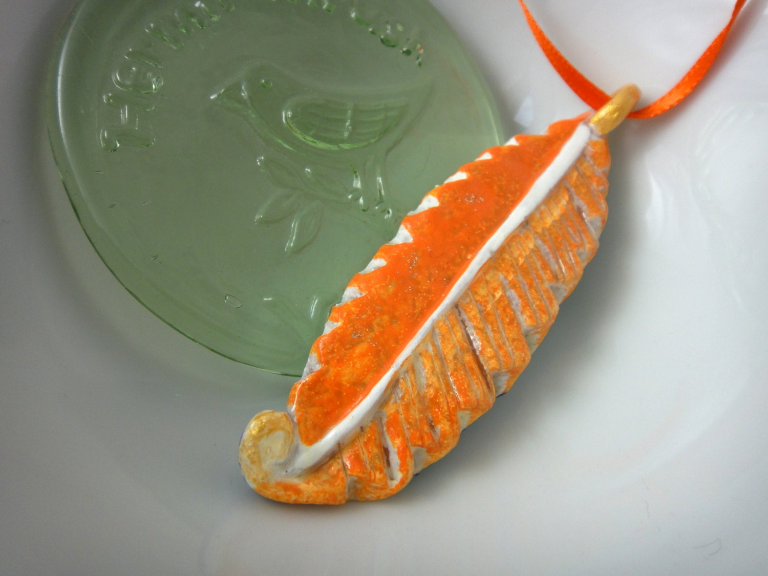 Feather necklace - neon orange sherbet - handmade clay - tribal unique