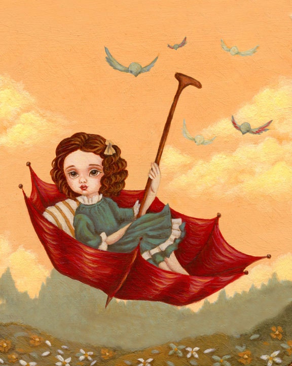 Nursery Art, Children's Art, Pastels, Umbrella, Spring, Pink Sky, Girls Room Art, Poster, Art for Children - The Red Umbrella 8x10 Print
