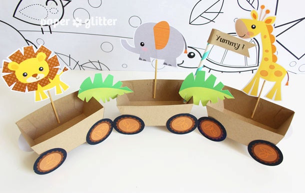 Animal Jungle Train Party Favor Box Truck Paper Craft Toy NEAUTRAL - Editable Text Printable PDF 0135