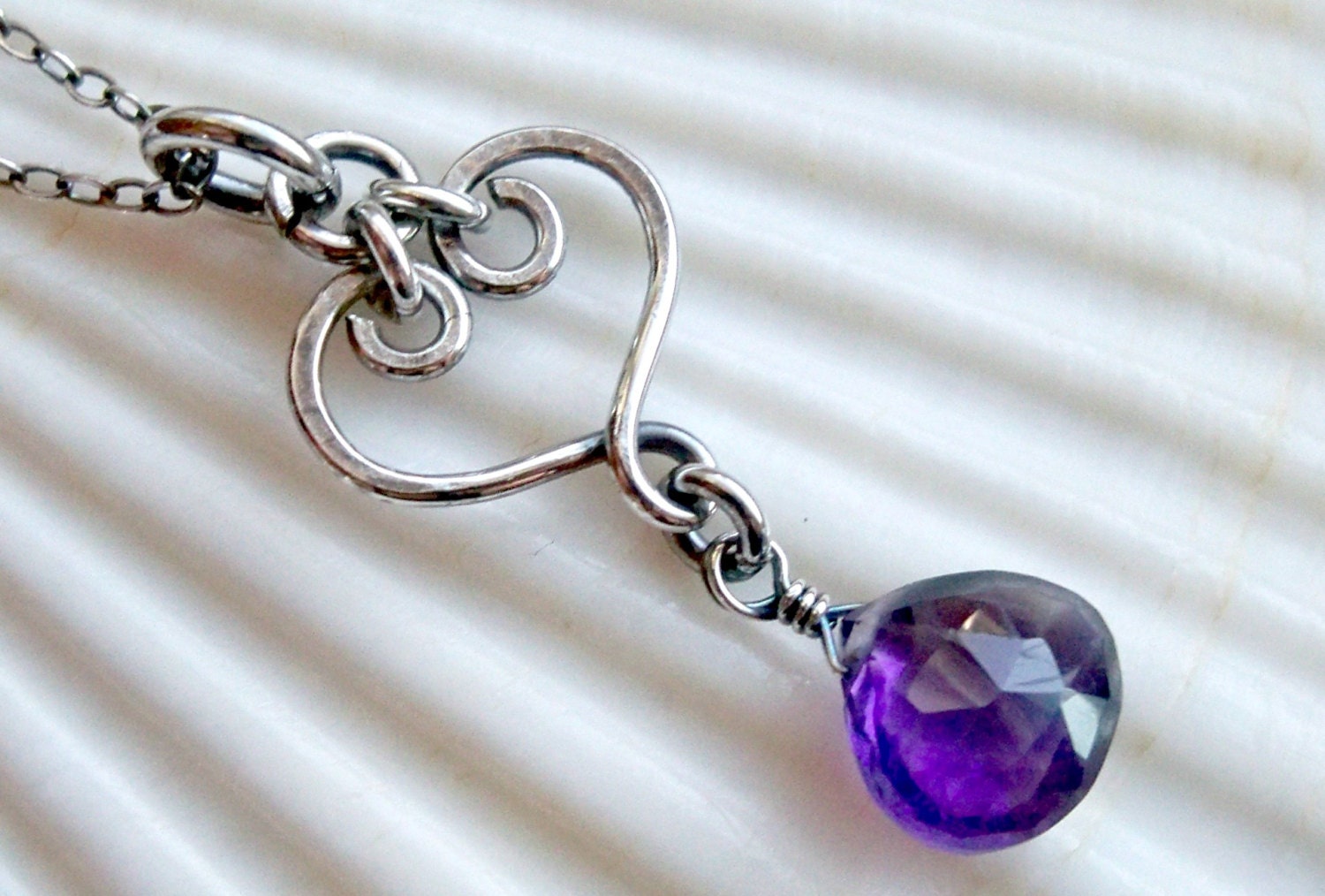 Purple amethyst forged heart necklace - February birthstone birthday - Valentine's Day - Sterling silver handmade jewelry - Sweetheart