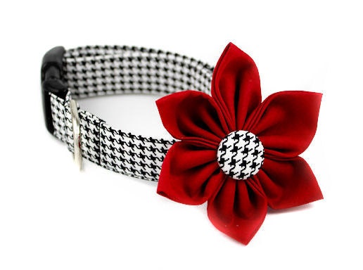 Dog Collar and Flower Set - Classic Houndstooth in Lipstick Red - Made to Order in Your Choice of Size