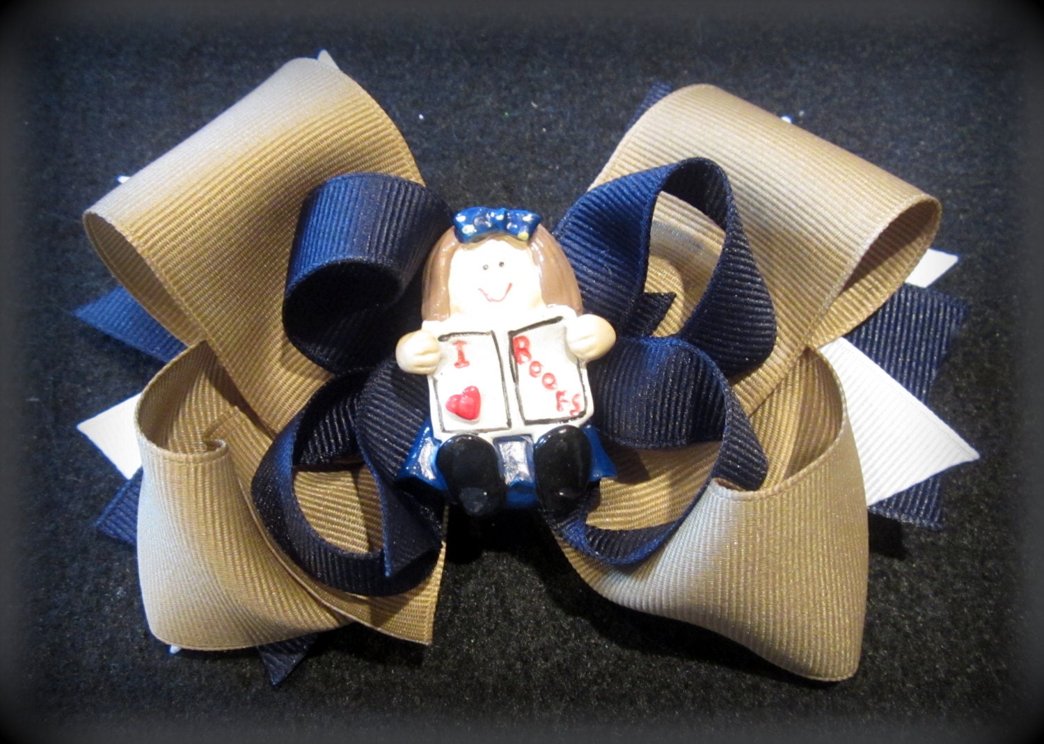 Back to School I Love Books Boutique Hair Bow Little Girl 3 Layers of Ribbon and Spikes Uniform Khaki Navy Blue White. You pick colors