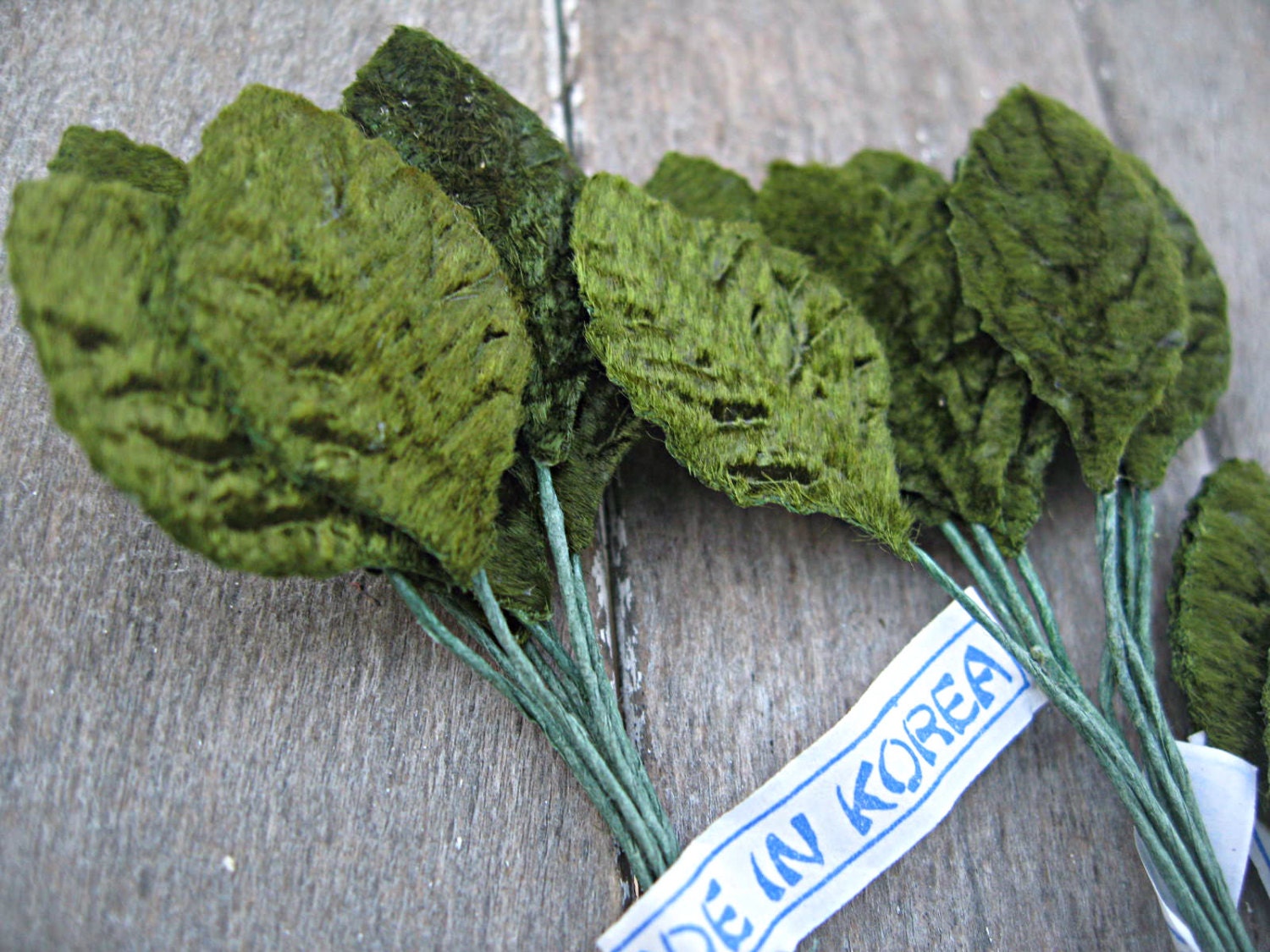 Vintage velvet millinery leaves, green velvet, smaller size, made in Korea, set of 3 bunches with 12 leaves each