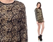 GOLD Mini Dress Metallic Floral 80s ROSE Print Tunic Top 1980s Long Sleeve Micro Pleated Party Vintage Glam 70s Minidress Small Medium