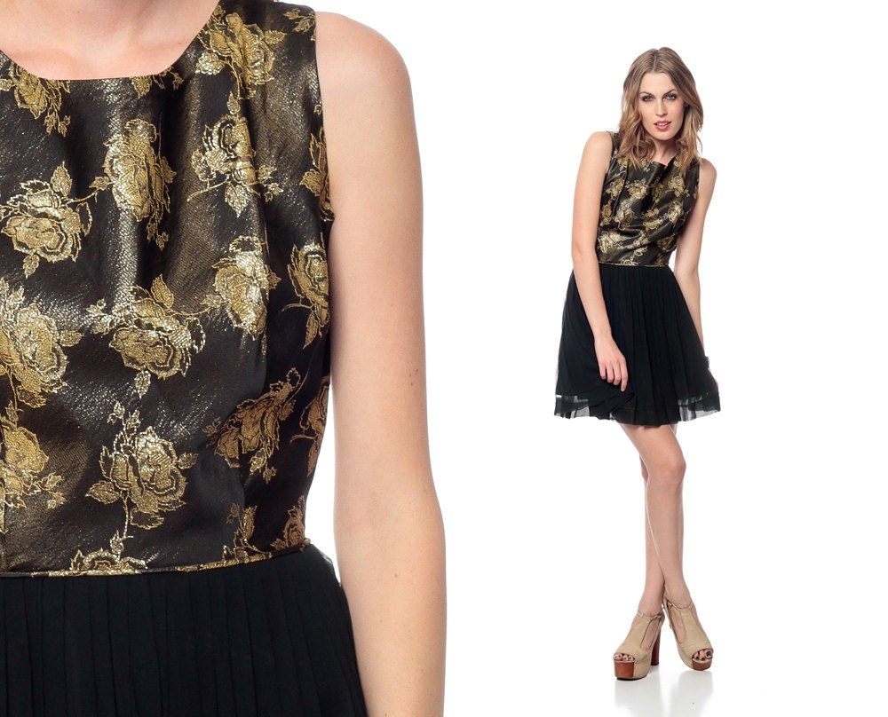 Metallic Party Dress 1950s Mini Pleated GOLD Floral Print 1960s Cocktail Prom 60s Mad Men Mod Black Vintage Sleeveless Extra Small XS