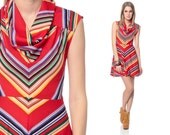 CHEVRON Striped Dress 70s Mini RAINBOW Red Cowl Neck Hippie 1970s Boho Stripe High Waisted Festival Vintage Retro MiniDress Extra Small xs s