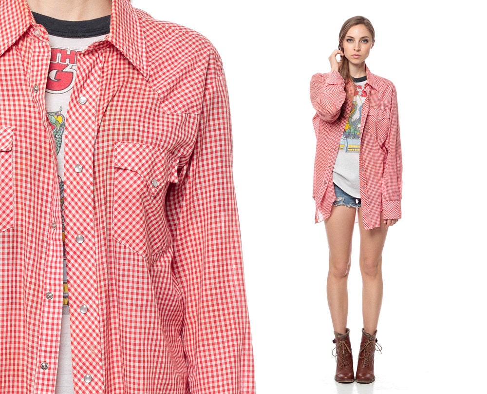 Red Gingham Shirt 70s Pearl Snap Western Men Women Cotton 1970s Button Up Vintage Checkered Indie Hipster Retro Shirt Medium Large XL