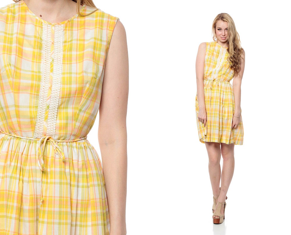 Plaid Day Dress 1960s Mini Cotton 60s Mad Men Lace High Waisted Full Skirt Bow Short Sleeve Vintage Yellow Green White Medium Large