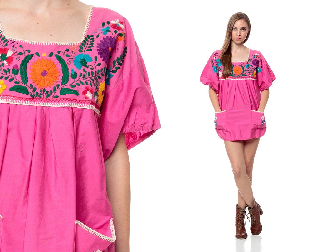 Embroidered MEXICAN Blouse 70s Hippie PUFF Sleeve Boho Tunic Top 1970s Ethnic Bohemian Pink Embroidery Vintage Cotton Small Medium Large XL