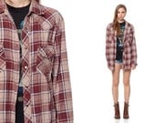 Western Shirt 90s PEARL SNAP Brown Plaid Long Sleeve Checkered 1990s Oversized Button Up Vintage Flannel Women Men Small Medium Large