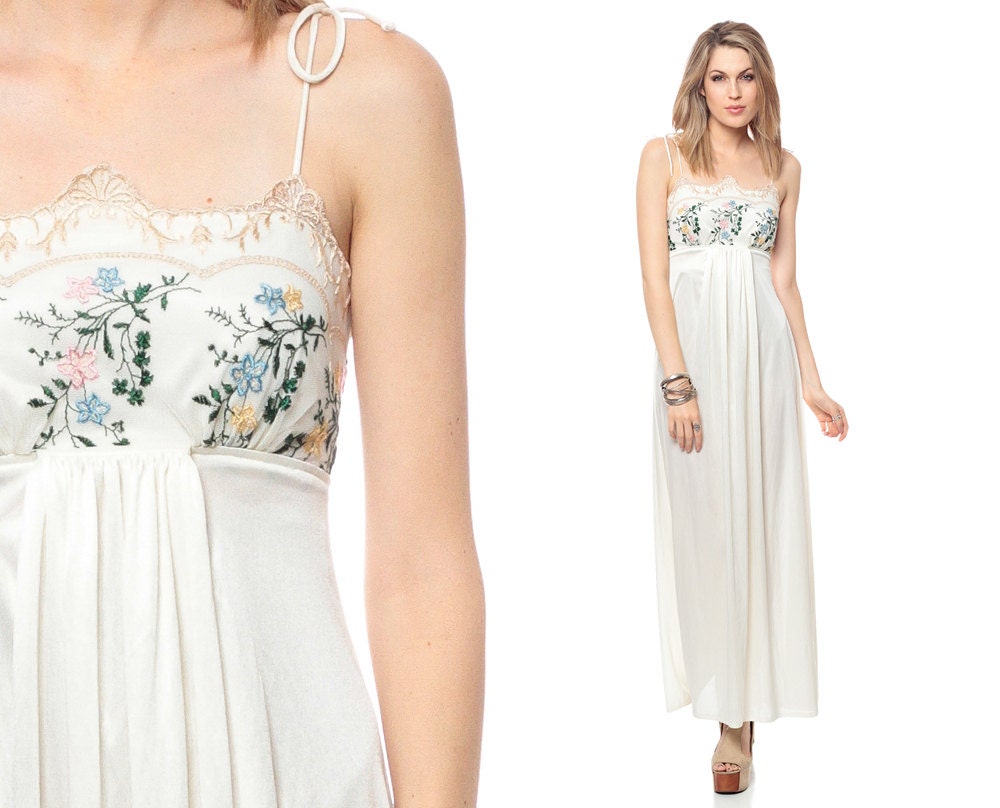 70s Maxi Dress EMBROIDERED White Draped GRECIAN Goddess Sun 1970s Boho Floral Lace Vintage Hippie Empire Waist Bohemian Long Extra Small XS