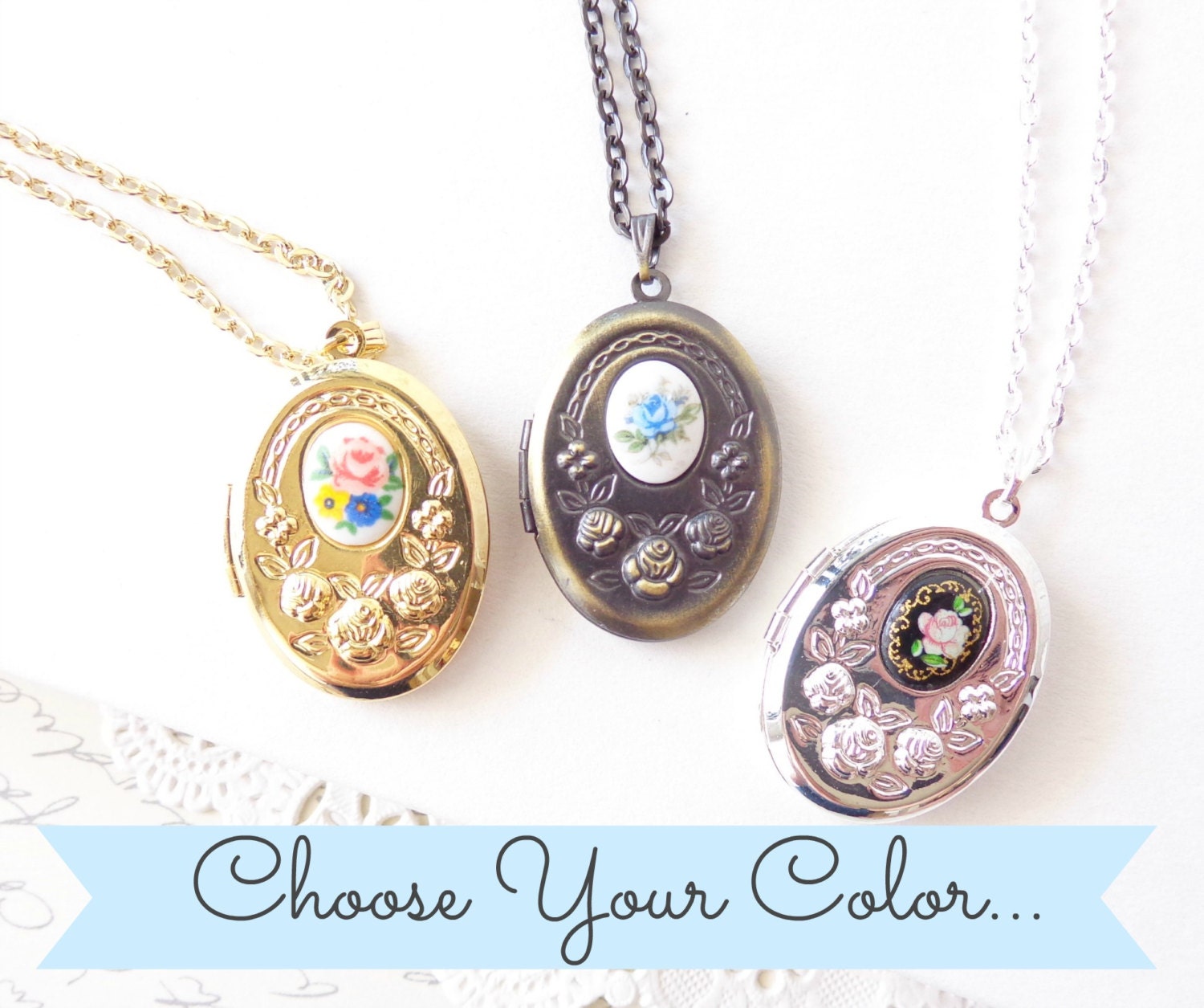 Floral Locket - Choose Your Color - Vintage Cameo - Oval Locket - Photo Locket - Bridesmaid Gift